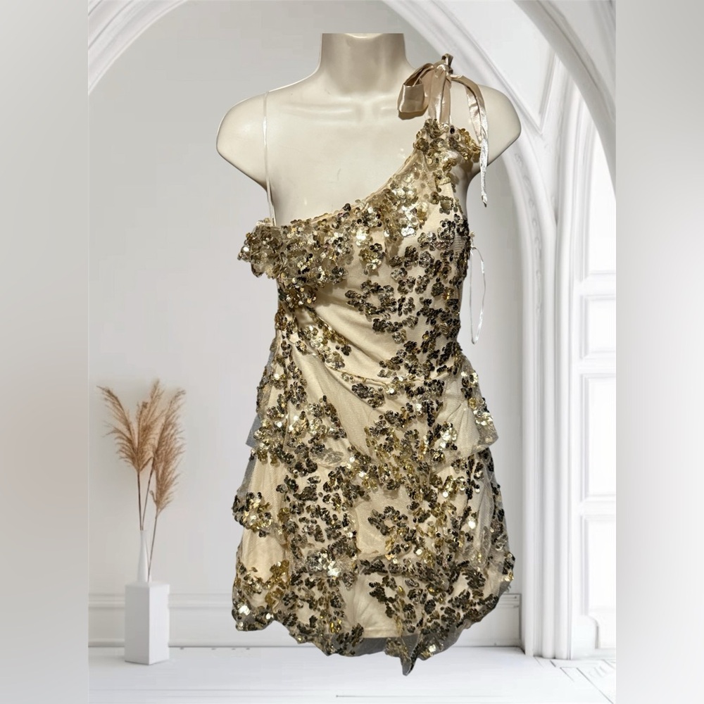 NWT Golden Sequin Embellished Dress Beige Satin bow side woman size XS